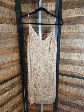 MARINA Ivory Mini Dress with Gold Sequin Embroidery